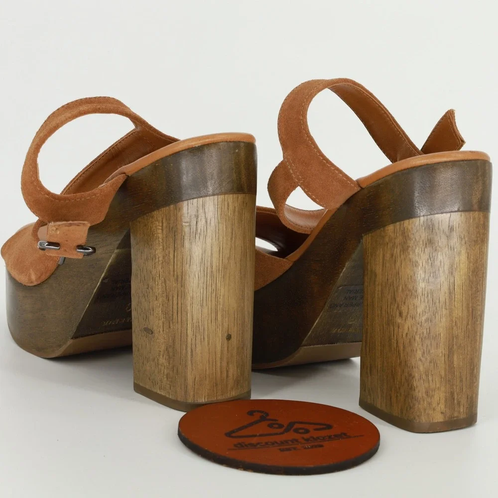Lulus Lolita Leather Cognac Suede Wooden Platform Heels Size 8 Chunky Retro Boho